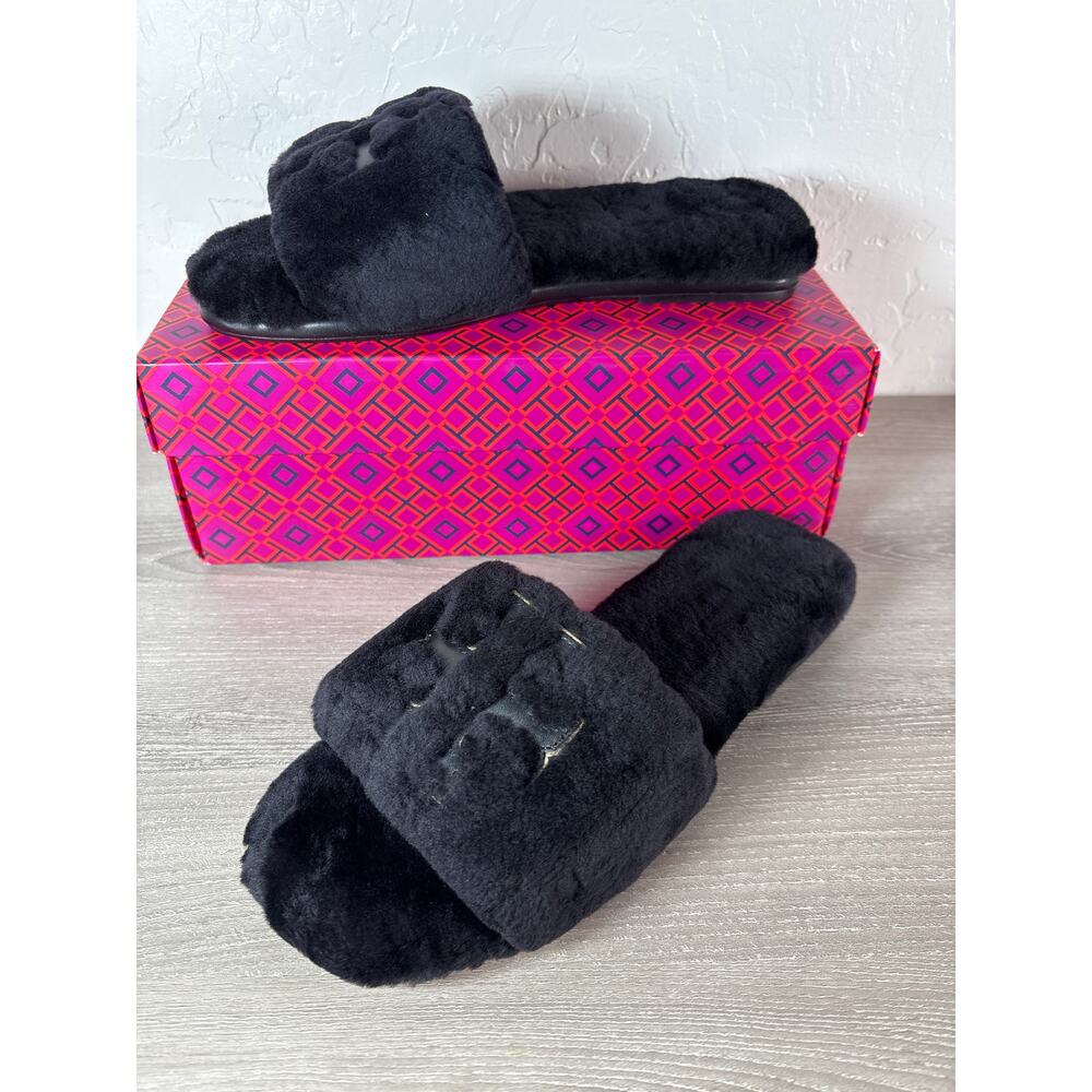 Tory Burch‎ Black/Gold Double T Shearling Slide Slippers 8 M Leather Logo NIB